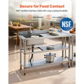 VEVOR Stainless Steel Utility Sink, Free Standing Single Bowl Commercial Kitchen Sink with Faucet and Hot & Cold Water Pipe, Dua