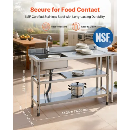 VEVOR Stainless Steel Utility Sink, Free Standing Single Bowl Commercial Kitchen Sink with Faucet and Hot & Cold Water Pipe, Dua