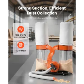 VEVOR Dust Collector, 1550 CFM 2.5 Micron Vortex Cone Dust Collectors, 3.0HP Sawdust Collection System with Two 132.5L Dusts Col