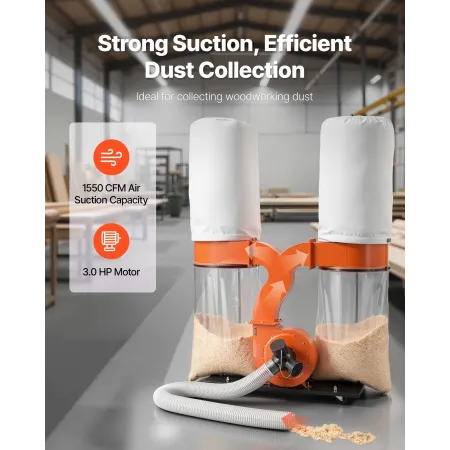 VEVOR Dust Collector, 1550 CFM 2.5 Micron Vortex Cone Dust Collectors, 3.0HP Sawdust Collection System with Two 132.5L Dusts Col