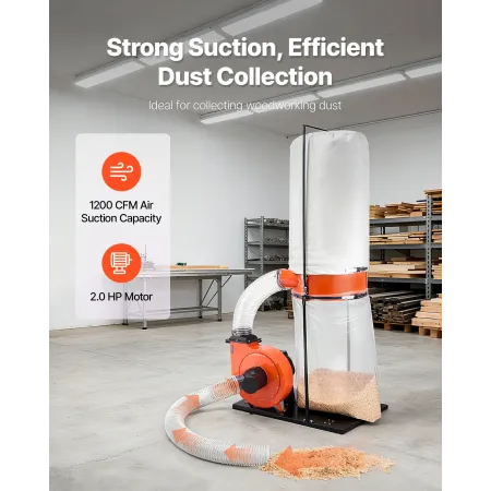 VEVOR Dust Collector, 1200 CFM 2.5 Micron Vortex Cone Dust Collectors, 2.0HP Sawdust Collection System with 132.5L Dusts Collect