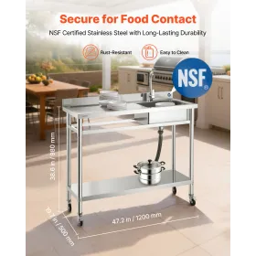 VEVOR Stainless Steel Utility Sink, Rolling Single Bowl Commercial Kitchen Sink with Wheels, Faucet and Hot & Cold Water Pipe, U