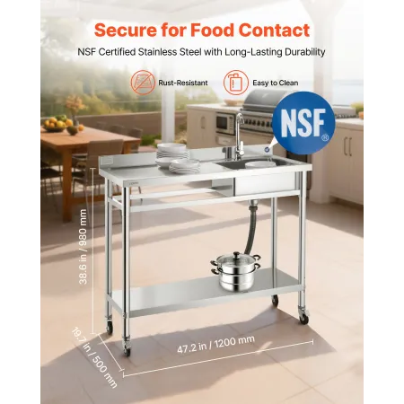 VEVOR Utility-vask i rustfrit stål, rullende enkelt skål kommerciel køkkenvask med hjul, vandhane og varmt- og koldtvandsrør, U