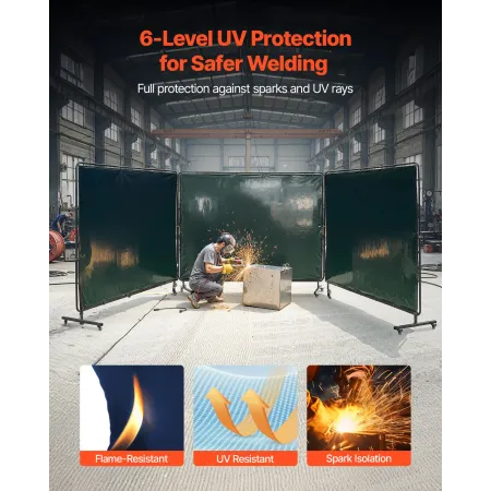 VEVOR svejseskærm med ramme, 3-panels 1,74 x 2,34 m svejsegardinskærm, flammesikre vinylbeskyttelsesskærme med 12 W