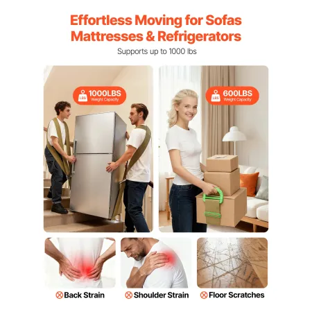 Moving Straps, 2-Person Lifting and Moving System with 2 Harness Straps, 1 Load-bearing Strap & 1 Handheld Strap, Adjustable Lif