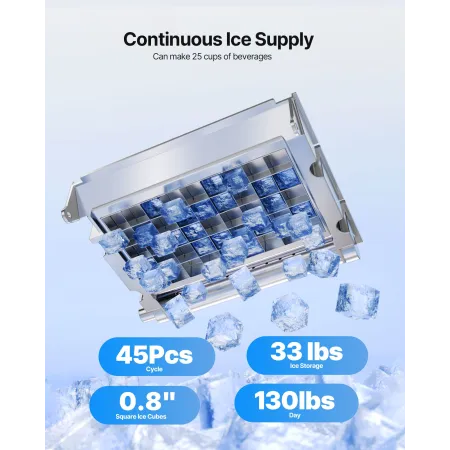 Commercial Ice Maker Machine, 59kg/24H with 15kg Storage, 45 Cubes per Cycle, Stainless Steel Freestanding & Under Counter Ice M