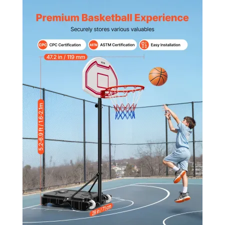 Portable Basketball Stand, 1.6 to 2.1m Height Adjustment Basketball Hoop & Goal, Kids Adjustable Basketballs Hoop with Nylon Net