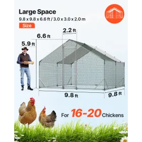 VEVOR Large Metal Chicken Coop, 3 x 3 x 2 m, Walk-in Chicken Run House with Waterproof Cover & Sturdy Frame, Spire Roof Poultry 
