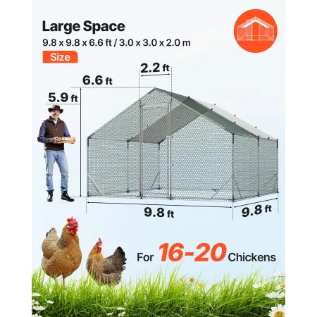 VEVOR Large Metal Chicken Coop, 3 x 3 x 2 m, Walk-in Chicken Run House with Waterproof Cover & Sturdy Frame, Spire Roof Poultry 