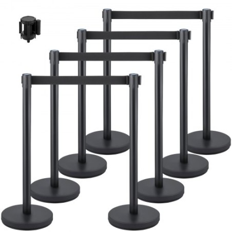 Crowd Control Stanchion, 8 stykker stanchion sæt, med 6,6 ft/2 m sort udtrækkeligt bælte, sort crowd control barriere m/beton