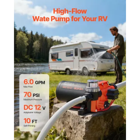 RV Water Pump, 12V DC 6 GPM (22.7 L/min), 4-Chamber Self-Priming Diaphragm Water Pump with Automatic Pressure Switch, 70 PSI Max
