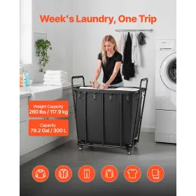 VEVOR Laundry Cart, Rolling Grocery Utility Cart with Waterproof Liner & Swivel Wheels, 118 KG Large Load Capacity, Heavy Duty S