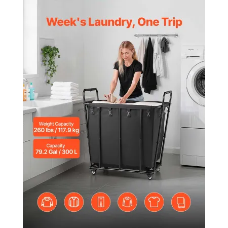 VEVOR Laundry Cart, Rolling Grocery Utility Cart with Waterproof Liner & Swivel Wheels, 118 KG Large Load Capacity, Heavy Duty S