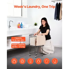 VEVOR Laundry Cart, Rolling Round Grocery Utility Cart with 360° Swivel Wheels, 27 KG Large Load Capacity, Heavy Duty Carbon Ste