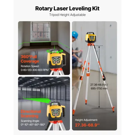 Rotary Laser Level Kit, med stativ+stavmåler, grøn stråle 500 m