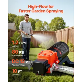VEVOR Water Pressure Pump, 12V DC 1.2 GPM (4.5 L/min), 2-Chamber Self-Priming Diaphragm Water Pump with 2 Hose Clamps, 80 PSI Ma