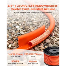 Air Hose, 9.53 mm x 76.2 m Hybrid Air Compressor Hose, 300 PSI Kink-Resistant Pneumatic Hoses with Three-Layer Construction for 