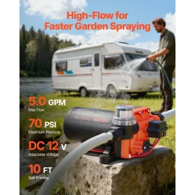 VEVOR RV vandpumpe, 12V DC 5 GPM (18,9 L/min), 4-kammer selvansugende membranvandpumpe med automatisk trykafbryder, 70 P