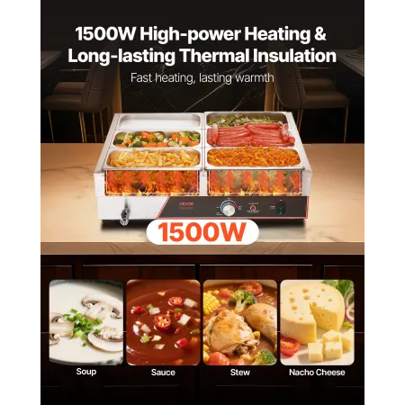VEVOR kommerciel madvarmer, 1500 W elektrisk dampopvarmning i rustfrit stål med låg, 6-pandes hurtigvarme bordplade Buffet B