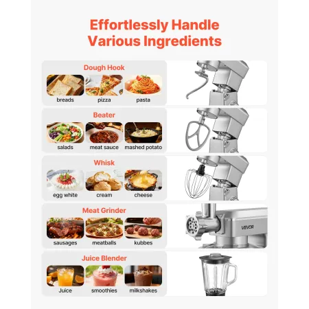VEVOR Stand Mixer, 4.3 L Electric Kitchen Mixer, 1300W Dough-Mixer, 6+P Speeds Tilt-head Food-Mixer with 1.5 L Blender Cup, Stai