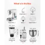 VEVOR Standmixer, 6 L Elektrisk Køkkenmixer, 1500W Dejmixer, 6+P Speeds Tilt-head Food Mixer med 1,5 L Blender Cup, Stainl