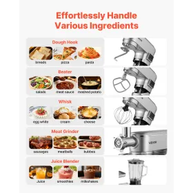 VEVOR Standmixer, 5,7 L elektrisk køkkenmixer, 1500W dejblander, 6+P hastigheder tilt-head Food-mixer med 1,5 L blenderkop, Stai