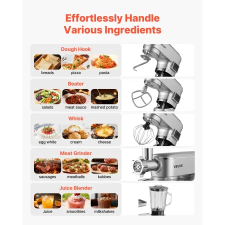 VEVOR Standmixer, 5,7 L elektrisk køkkenmixer, 1500W dejblander, 6+P hastigheder tilt-head Food-mixer med 1,5 L blenderkop, Stai