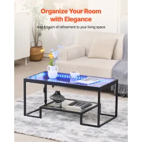 VEVOR Coffee Table, Modern Tempered Glass Coffee Table with Lighting, 2 Tiers Rectangle Glass Center Desk with Open Storage, Min