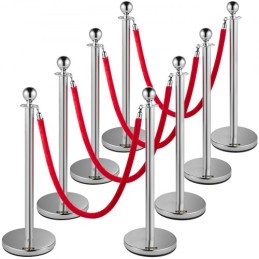 Crowd Control Stanchion, Set of 8 Pieces Stanchion Set, Stanchion Set with 5 ft/1.5 m Red Velvet Rope, Silver Crowd Control