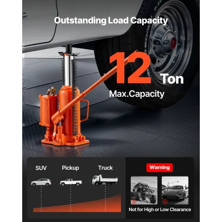 VEVOR Air Hydraulic Bottle Jack, 12 Ton Max Load Capacity, 265-505 mm Lifting Range, Pneumatic/Manual Heavy Duty Welded Bottle J