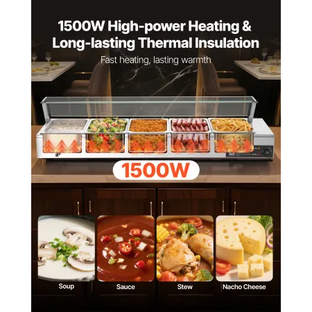 Commercial Food Warmer, 1500W Electric Stainless Steel Steam Food Warmer with Glass Cover, Countertop Buffet Bain Marie with Fiv
