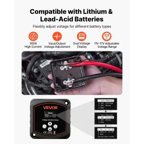 Dual Battery Isolator Kit, 12V 300 Amp 33.6 mm² (2 AWG), Manual and Automatic VSR Voltage Sensitive Relay with Voltmeter, LCD Sc