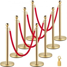 Crowd Control Stanchion, Sæt med 8 stykker Stanchion Set, Stanchion Set med 5 ft/1,5 m rødt fløjlstop, guld crowd control