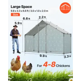 VEVOR Large Metal Chicken Coop, 3 x 1 x 2 m, Walk-in Chicken Run House with Waterproof Cover & Sturdy Frame, Spire Roof Poultry 