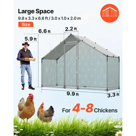 Large Metal Chicken Coop, 3 x 1 x 2 m, Walk-in Chicken Run House with Waterproof Cover & Sturdy Frame, Spire Roof Poultry Cage D
