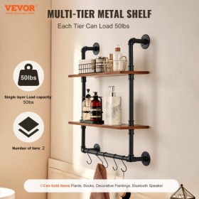 Industrial Pipe Shelf 2 Tier 24x7.87in Wall-Mount for Kitchen Bedroom