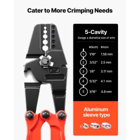 24 Inch Hand Swager Crimper 5 Cavity 1/16 to 3/16inch Swaging Tool for Copper Aluminum Oval Sleeves and Stop Sleeves Wire Rope