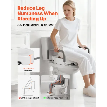 Raised Toilet Seat with Arms, 136.1 kg Load Capacity, 88.9 mm Lift Height, Widened Commode Elevated Toilet Seat Riser with Padde