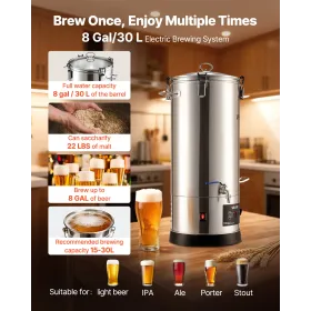 VEVOR Electric Brewing System, 8 Gal/30L Brewing Pot Home Beer Brewer, 304 Stainless Steel Body, Mash Boil Device with Integrate