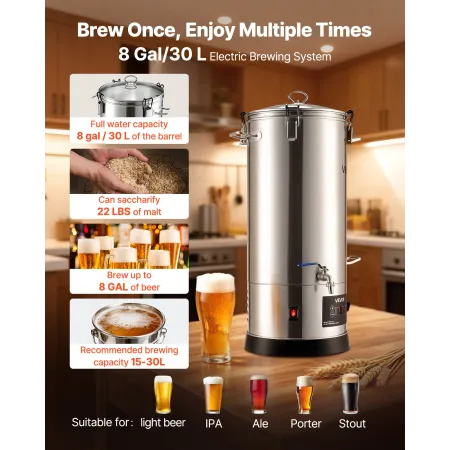 VEVOR Electric Brewing System, 8 Gal/30L Brewing Pot Home Beer Brewer, 304 Stainless Steel Body, Mash Boil Device with Integrate