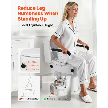 Raised Toilet Seat with Arms, 136.1 kg Load Capacity, 3-Level Adjustable Height, Widened Commode Elevated Toilet Seat Riser with