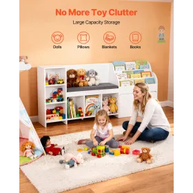 VEVOR børne læsekrog, træopbevaringsbænk med ryglæn, børnebogreol og legetøjsarrangør, stor legetøjskasse til legeværelse, L