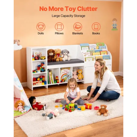VEVOR Kids Reading Nook, Wooden Storage Bench with Backrest, Kids Bookshelf & Toy Organizer, Large Toy Box Chest for Playroom, L