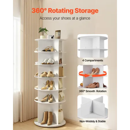 VEVOR 6 Tiers Rotating Shoe Rack Tower, 360° Spinning Shoe Rack, Revolving Storage Round Carousel Display, Freestanding Lazy Sus