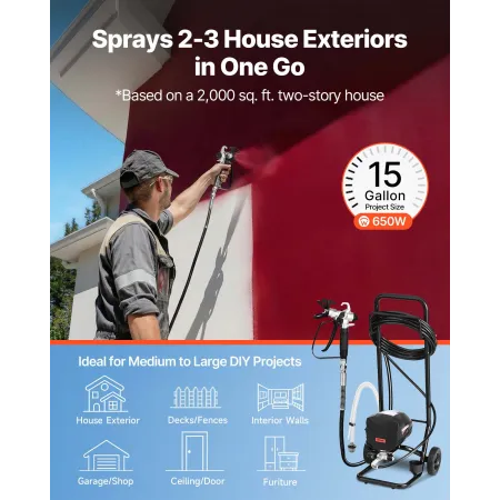 Stand Airless Paint Sprayer, 650W, 3000PSI High Pressure Airless Sprayer with Cart, Cleaning Brush, Hose, Extension Rod, Nozzles