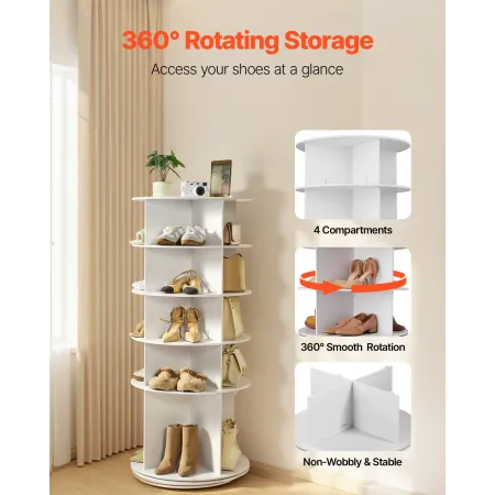 5 Tiers Rotating Shoe Rack Tower, 360° Spinning Shoe Rack, Revolving Storage Round Carousel Display, Freestanding Lazy Susan Org