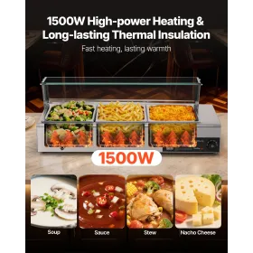 Commercial Food Warmer, 1500W Electric Stainless Steel Steam Food Warmer with Glass Cover, Countertop Buffet Bain Marie with Thr