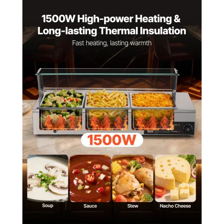 Commercial Food Warmer, 1500W Electric Stainless Steel Steam Food Warmer with Glass Cover, Countertop Buffet Bain Marie with Thr