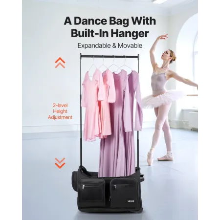 VEVOR dansetaske med tøjstativ, 584,2 mm Rolling Dance Duffel, med hjul, USB-port, højdejusterbart tøjstativ, privatliv