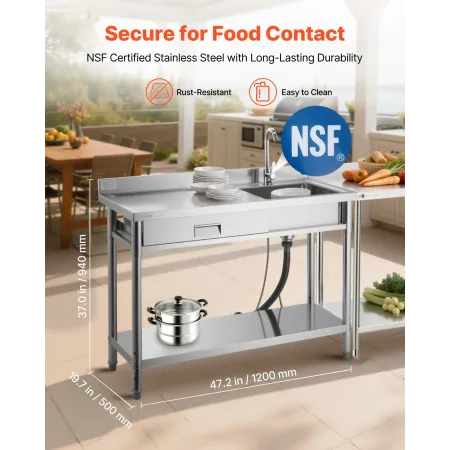 VEVOR Stainless Steel Utility Sink, Rolling Single Bowl Commercial Kitchen Sink with Drawer, Faucet and Hot & Cold Water Pipe, U